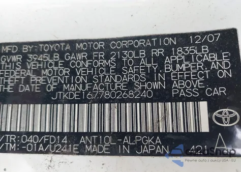 2008 Scion Tc z USA, uszkodzony, nr VIN JTKDE167780268240